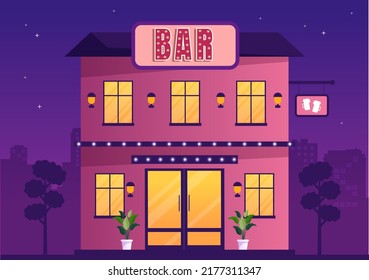 Bar or Pub Building with View at Night of Cafe Exterior in Flat Cartoon Illustration