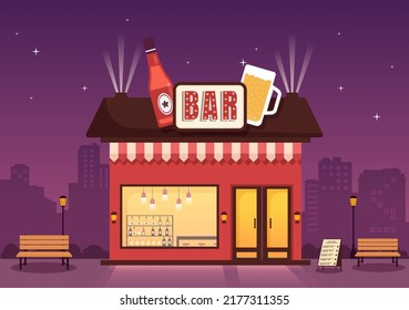 Bar or Pub Building with View at Night of Cafe Exterior in Flat Cartoon Illustration