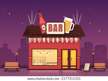 Bar or Pub Building with View at Night of Cafe Exterior in Flat Cartoon Illustration