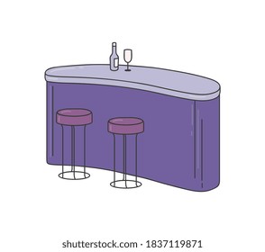 Bar or pub counter with high chairs icon in sketch cartoon style vector illustration isolated on white background. Stall for alcoholic beverages distribution.