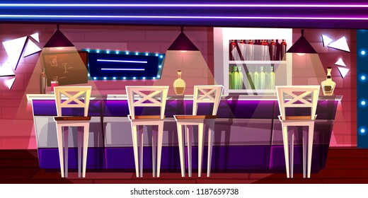 Bar or pub counter vector illustration in night club or hotel interior Cartoon flat design of alcohol drinks bottles on refrigerator self with chair seats and barista menu board.