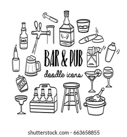 Bar and pub doodle hand drawn icons. Set of alcoholic beverages doodle icons.