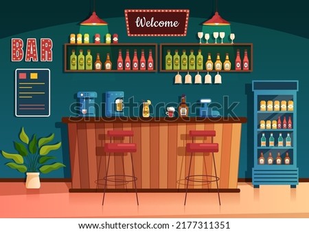 Bar or Pub at Evening with Alcohol Drinks Bottles, Bartender, Table, Interior and Chairs in Indoor Room in Flat Cartoon Illustration