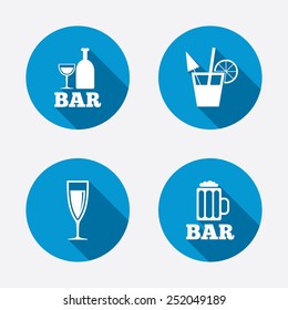 Bar or Pub icons. Glass of beer and champagne signs. Alcohol drinks and cocktail symbols. Circle concept web buttons. Vector