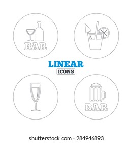 Bar or Pub icons. Glass of beer and champagne signs. Alcohol drinks and cocktail symbols. Linear outline web icons. Vector