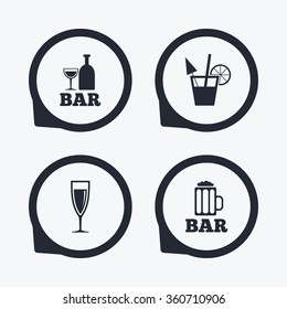 Bar or Pub icons. Glass of beer and champagne signs. Alcohol drinks and cocktail symbols. Flat icon pointers.