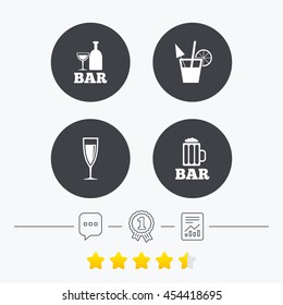 Bar or Pub icons. Glass of beer and champagne signs. Alcohol drinks and cocktail symbols. Chat, award medal and report linear icons. Star vote ranking. Vector