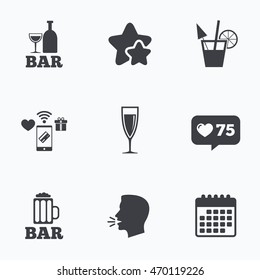 Bar or Pub icons. Glass of beer and champagne signs. Alcohol drinks and cocktail symbols. Flat talking head, calendar icons. Stars, like counter icons. Vector