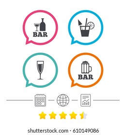 Bar or Pub icons. Glass of beer and champagne signs. Alcohol drinks and cocktail symbols. Calendar, internet globe and report linear icons. Star vote ranking. Vector