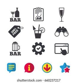 Bar or Pub icons. Glass of beer and champagne signs. Alcohol drinks and cocktail symbols. Browser window, Report and Service signs. Binoculars, Information and Download icons. Stars and Chat. Vector