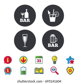 Bar or Pub icons. Glass of beer and champagne signs. Alcohol drinks and cocktail symbols. Calendar, Information and Download signs. Stars, Award and Book icons. Light bulb, Shield and Search. Vector