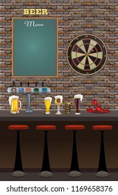 Bar, pub interior with brick walls, chairs,  mug of beer