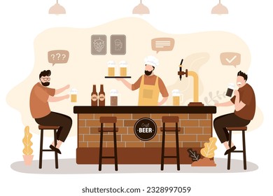 Bar- oder Pub-Interieur, verschiedene Leute sitzen am Tisch oder Theke trinken Bier und reden. Bartender an der Theke. Modernes Bier-Pub, Wochenendparty. Ruhe mit Alkohol. flache Vektorgrafik