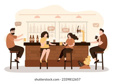 Bar or pub interior, various people sitting at table or counter drink beer and talking. Bartender at bar counter. Modern craft beer pub, weekend party. Rest with alcohol. flat vector illustration