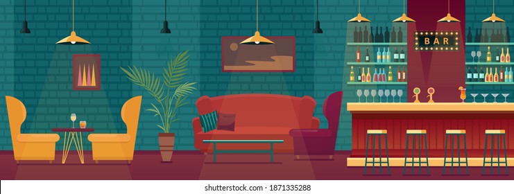 Bar pub interior vector illustration. Empty modern bar counter with tables, lounge and barista board, shelves with alcohol drink wine bottles, inside nightclub, cafe or restaurant view background