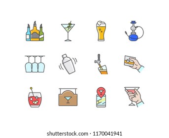 Bar, pub line colored icons set with bottles, cocktail, beer, hookah, glasses, shaker, tap, hand holding whiskey, martini, sangria, signage, location.