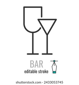 Bar or Pub line icon. Linear style Wine and cocktail Glass symbol. Alcohol drink sign.Editable stroke. Vector graphics illustration EPS 10