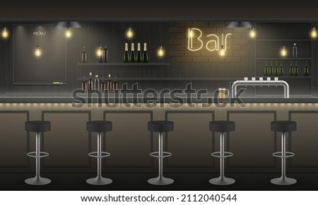Bar pub loft interior with stools standing in row near wooden counter desk realistic vector illustration. Minimalistic modern decor hanging vintage lamps, brick wall, draft beer and chalkboard menu