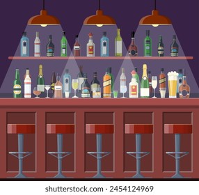 Bar, pub, discoteca interior. barra de bar, sillas de bar y estanterías con alcohol. Ilustración vectorial en estilo plano