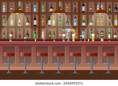 Bar, pub, night club interior. bar counter, bar chairs and shelves with alcohol. Vector illustration in flat style