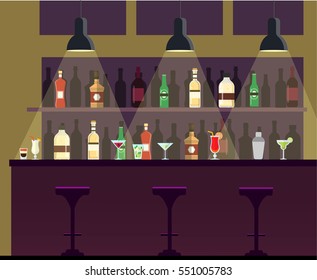 Bar, pub, night club interior flat illustration with bottles, beverages, cocktails.