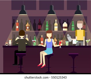 Bar, pub, restaurant, night club flat illustration. People have fun at the night cub. Woman and man holding cocktail sitting on the bar stool, bartender holding shaker in the hand. 