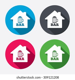 Bar or Pub sign icon. Glass of beer symbol. Alcohol drink symbol. Circle buttons with long shadow. Vector