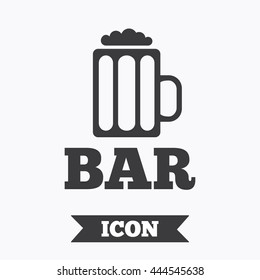 Bar or Pub sign icon. Glass of beer symbol. Alcohol drink symbol. Graphic design element. Flat beer symbol on white background. Vector