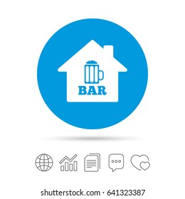 Bar or Pub sign icon. Glass of beer symbol. Alcohol drink symbol. Copy files, chat speech bubble and chart web icons. Vector