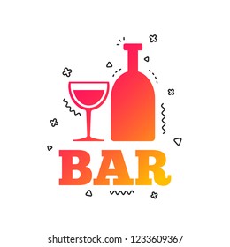 Bar or Pub sign icon. Wine bottle and Glass symbol. Alcohol drink symbol. Colorful geometric shapes. Gradient bar icon design.  Vector
