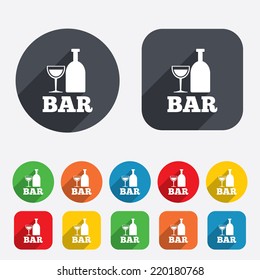 Bar or Pub sign icon. Wine bottle and Glass symbol. Alcohol drink symbol. Circles and rounded squares 12 buttons. Vector