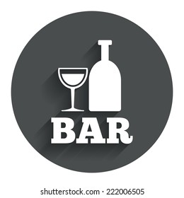 Bar or Pub sign icon. Wine bottle and Glass symbol. Alcohol drink symbol. Circle flat button with shadow. Modern UI website navigation. Vector