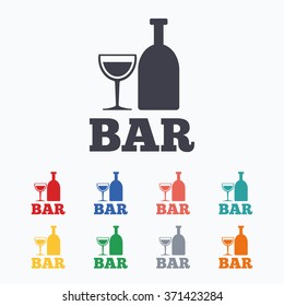 Bar or Pub sign icon. Wine bottle and Glass symbol. Alcohol drink symbol. Colored flat icons on white background.