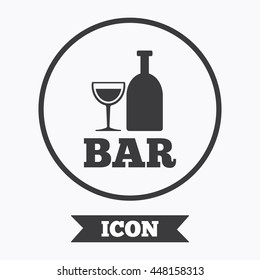 Bar or Pub sign icon. Wine bottle and Glass symbol. Alcohol drink symbol. Graphic design element. Flat symbol in circle button. Vector