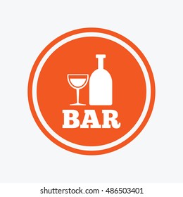 Bar or Pub sign icon. Wine bottle and Glass symbol. Alcohol drink symbol. Graphic design element. Flat bar symbol on the round button. Vector