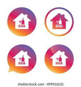 Bar or Pub sign icon. Wine bottle and Glass symbol. Alcohol drink symbol. Gradient buttons with flat icon. Speech bubble sign. Vector