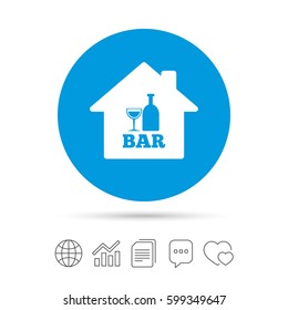 Bar or Pub sign icon. Wine bottle and Glass symbol. Alcohol drink symbol. Copy files, chat speech bubble and chart web icons. Vector