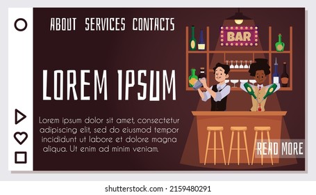 Bar Or Pub Website Banner Layout With Bartenders Preparing Cocktails And Shakes, Flat Cartoon Vector Illustration. Bar Establishment Advertising Web Banner Mockup.