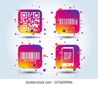 Bar and Qr code icons. Scan barcode in smartphone symbols. Colour gradient square buttons. Flat design concept. Vector