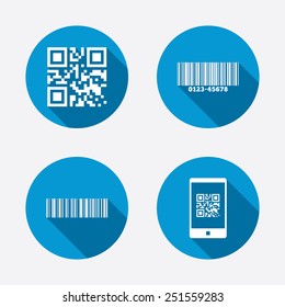 Bar and Qr code icons. Scan barcode in smartphone symbols. Circle concept web buttons. Vector