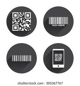 Bar and Qr code icons. Scan barcode in smartphone symbols. Circles buttons with long flat shadow. Vector