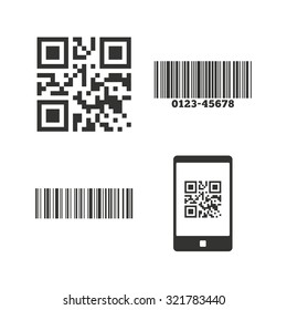 Bar and Qr code icons. Scan barcode in smartphone symbols. Flat icons on white. Vector