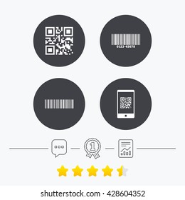 Bar and Qr code icons. Scan barcode in smartphone symbols. Chat, award medal and report linear icons. Star vote ranking. Vector