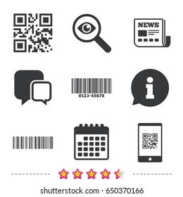 Bar and Qr code icons. Scan barcode in smartphone symbols. Newspaper, information and calendar icons. Investigate magnifier, chat symbol. Vector