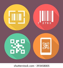 Bar and Qr code icons.  Smartphone symbols with Scan barcode. Circle flat buttons with icon.