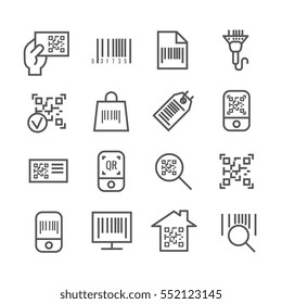 Bar and qr code scanning vector thin line icons. Bar code for scan price information, digital code for identification illustration