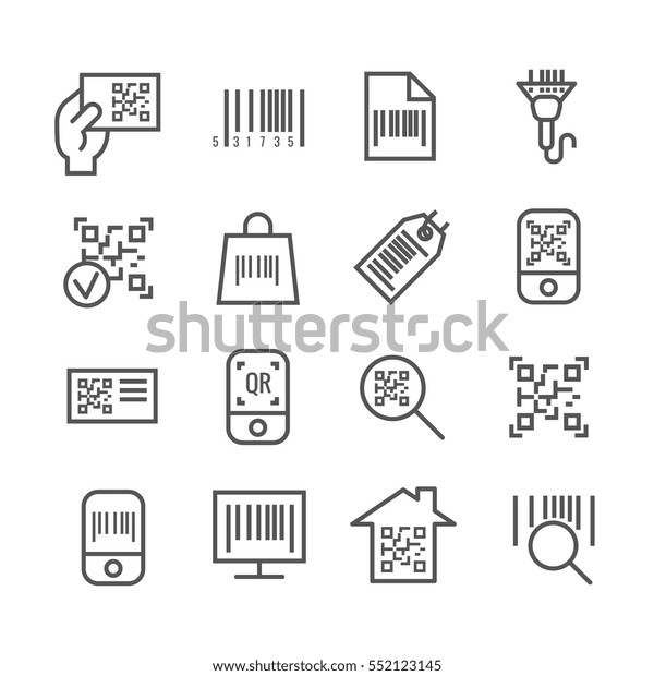 バーとqrコードの走査ベクターの細線アイコン スキャン価格情報用のバーコード 識別イラスト用のデジタルコード のベクター画像素材 ロイヤリティフリー