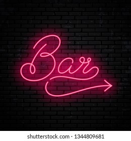 Bar - ready inscriptions template for neon signboard. Vector glowing text on wall background. Lettering indicating right.
