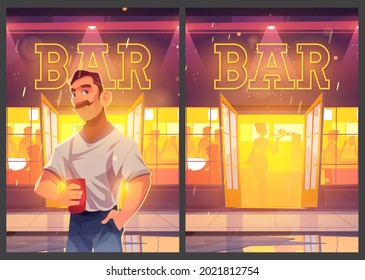 Bar recreation cartoon poster. Man with cup at pub