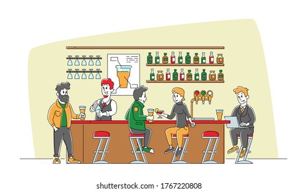 Bar Recreation Concept. People Visiting Pub, Couple Sit at High Chairs Drinking Alcohol on Counter Desk, Businessman Character Work on Laptop, Barman Making Cocktails. Linear Vector Illustration